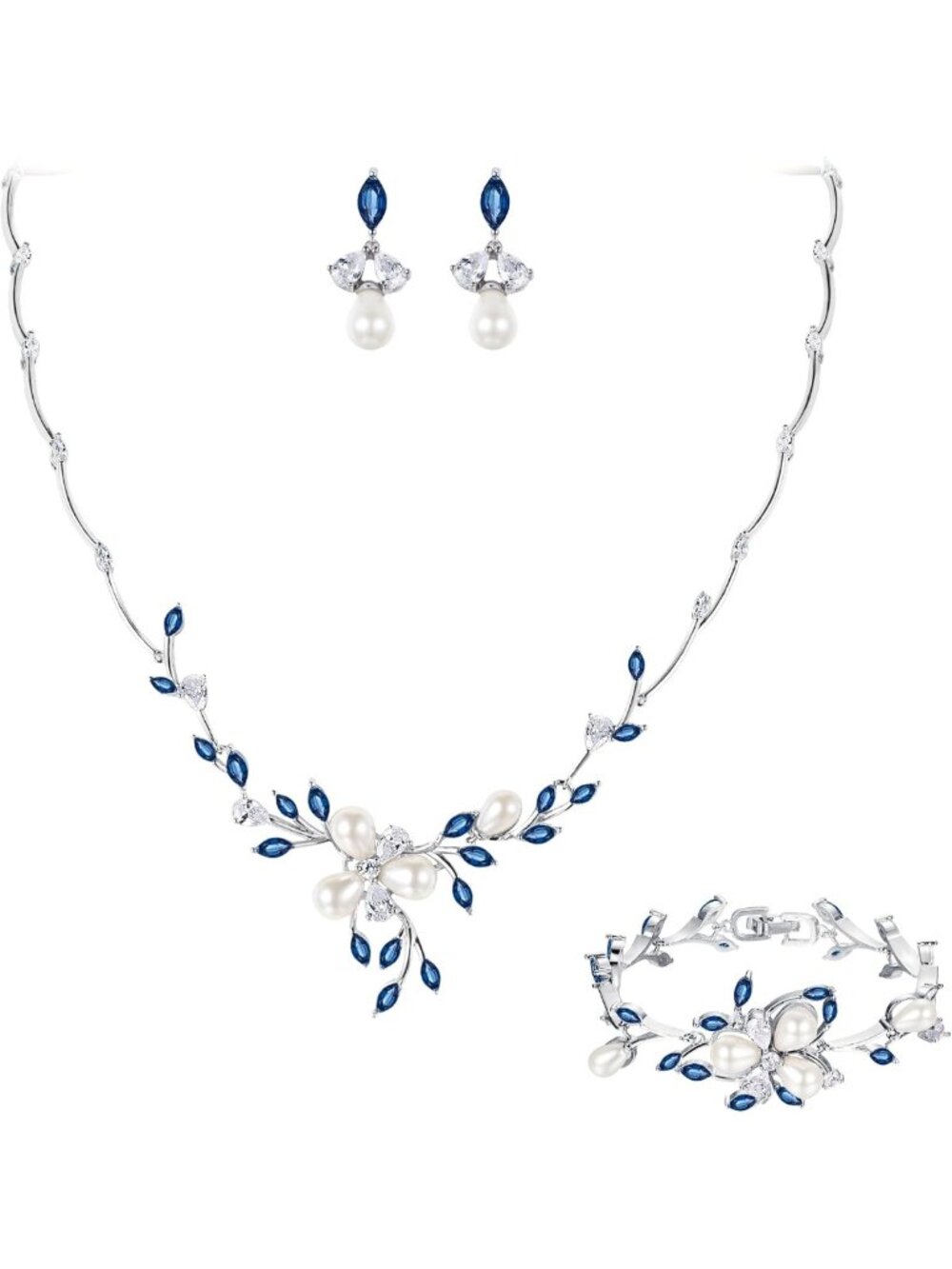 Elegant Marquise CZ Pearl Flower Leaf Bridal Jewelry Set - Wedding Accessory